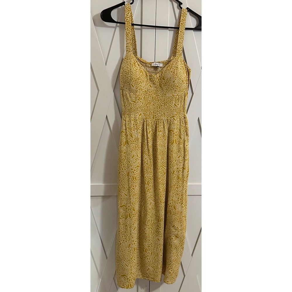 AUW Women's Yellow/White Floral Sundress Midi Square Neck Strappy Sleeveless M